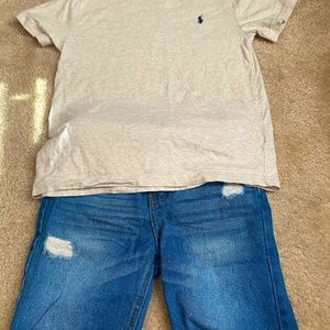 Tan polo t-shirt and jean shorts